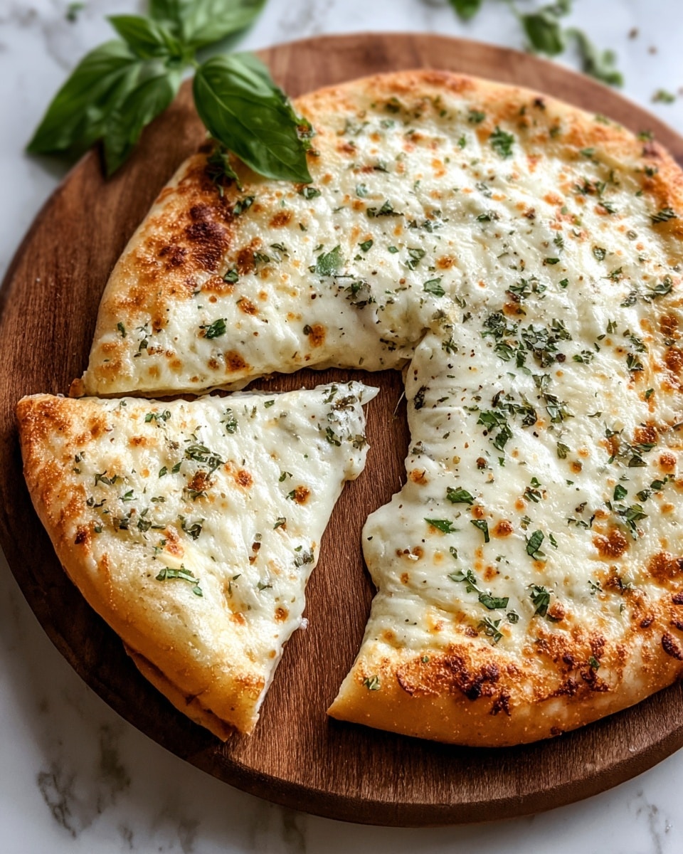 A white round pizza with a thick, soft crust sits on a wooden board placed on a white marbled surface. The pizza is cut into six slices, with one slice pulled slightly away from the rest. The top is covered in melted white cheese that is toasted golden brown in places, with green herbs sprinkled evenly across the surface. The edges of the pizza have a light golden color, showing a fluffy texture. A small bunch of fresh green basil leaves rests near the top right of the wooden board. Photo taken with an iphone --ar 4:5 --v 7