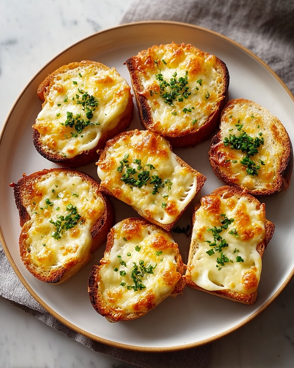 The image shows a white round plate holding seven pieces of toasted bread topped with melted, golden-brown cheese. Each bread slice has a slightly crisp, browned edge with gooey, bubbly cheese spread evenly on top. A sprinkle of finely chopped green herbs adds a fresh color contrast to the warm tones of the cheese and bread. The plate is placed on a white marbled textured surface with soft natural light illuminating the scene. photo taken with an iphone --ar 4:5 --v 7