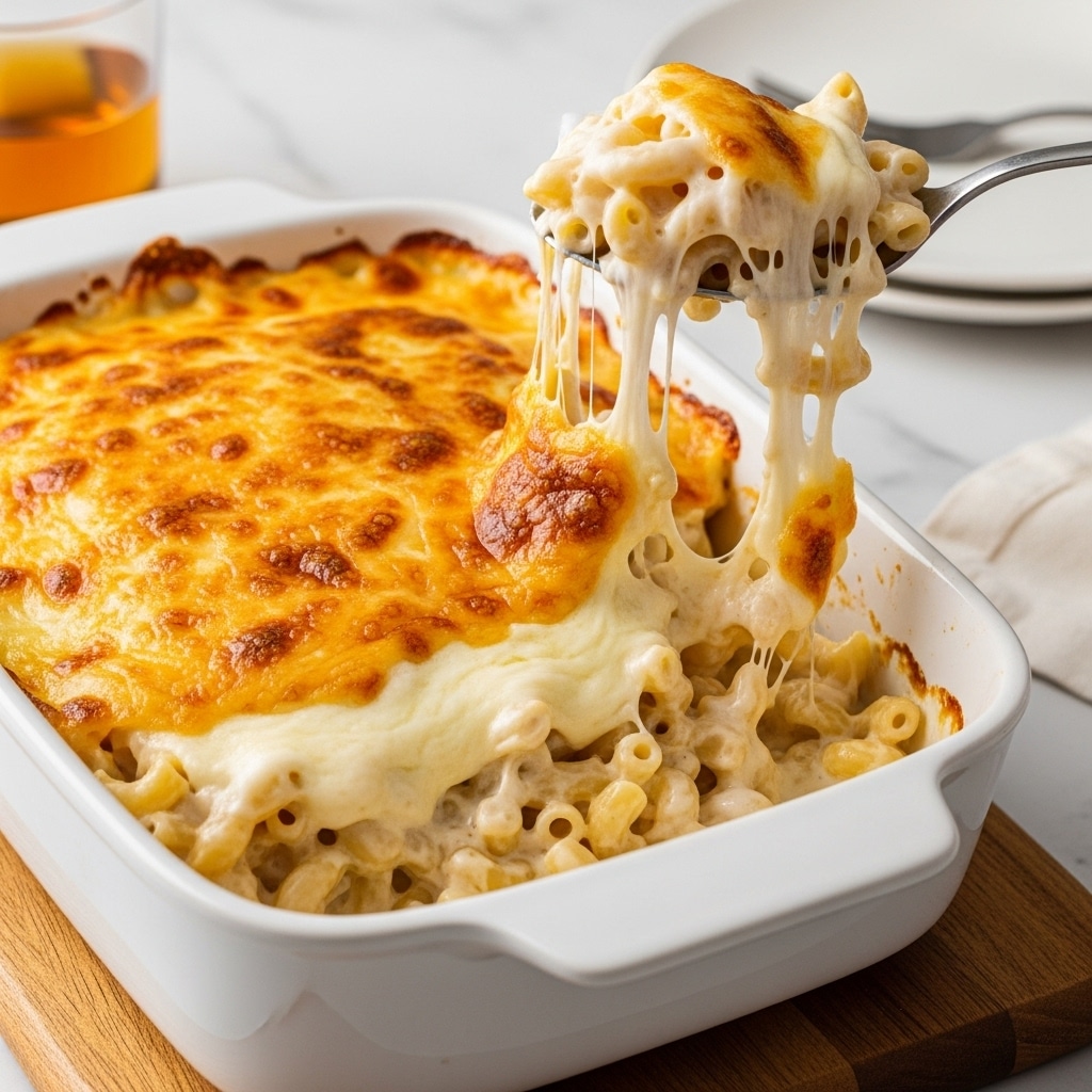 A close-up of a white baking dish filled with macaroni and cheese, showing three visible layers: the top layer is golden brown melted cheese with small browned spots, the middle layer is gooey, stretchy melted cheese, and the bottom layer is creamy white sauce mixed with macaroni pasta. A spoon is lifting a portion of the cheesy pasta, pulling strings of melted cheese. The dish sits on a wooden board with a glass of amber liquid and a white plate partly visible in the background on a white marbled surface. photo taken with an iphone --ar 4:5 --v 7