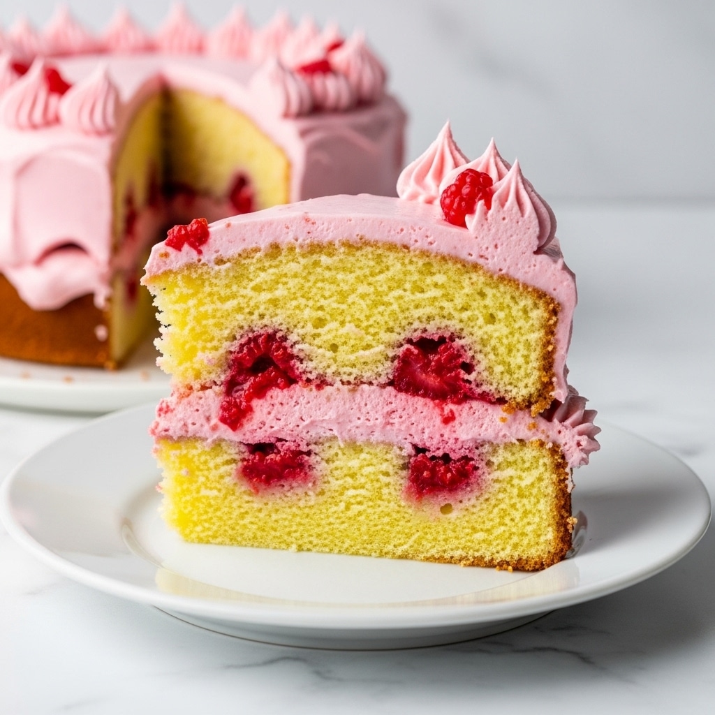 A slice of two-layer yellow cake with visible red berry pieces inside both layers, sitting on a white plate on a white marbled surface. Between the two layers is a thick layer of pink cream with bits of berries inside, matching the pink cream that covers the top and sides of the cake. The top layer of the cake has a slightly textured finish with small, pointed peaks of pink frosting. The colors range from pale yellow cake to soft pink and white frosting with red berry accents. photo taken with an iphone --ar 4:5 --v 7