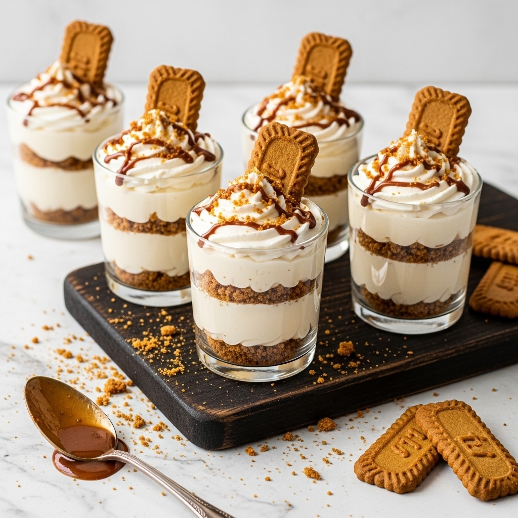 The image shows five small glass cups filled with a layered dessert. Each cup has three visible layers: a crumbly light brown base, a thick creamy off-white middle, and a white whipped topping sprinkled with more crumbs. On top of the whipped cream, there is a brown drizzle sauce and a single rectangular cookie standing upright. The cups sit on a dark wooden board placed on a white marbled surface scattered with crushed crumbs and three rectangular cookies. A silver spoon with brown sauce lies to the left of the cups. The photo taken with an iphone --ar 4:5 --v 7