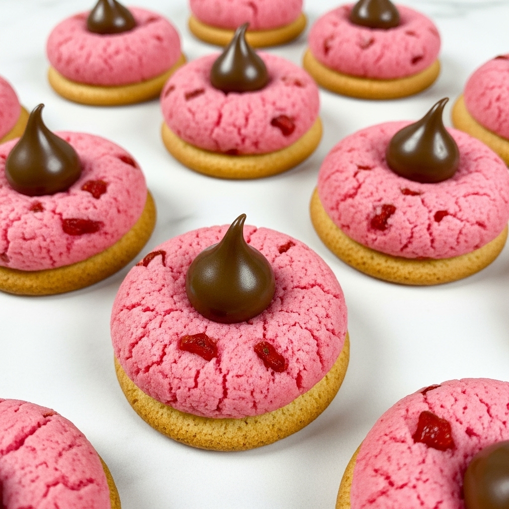 The image shows several round pink cookies with a slightly rough texture, speckled with small red pieces embedded throughout the dough. Each cookie has a light golden-brown base layer, topped by the soft pink layer that forms the main body of the cookie. In the center of each cookie, there is a single dark brown, smooth, and shiny chocolate drop shaped like a small peak. The cookies are arranged evenly on a flat surface with a white marbled texture. photo taken with an iphone --ar 4:5 --v 7