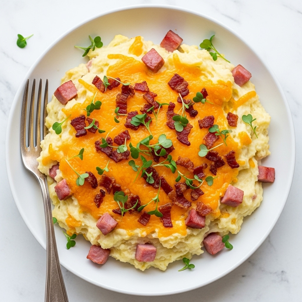 The dish is a creamy mashed potato casserole served in a white plate, showing a mix of mashed white potatoes and chunks of pink ham spread throughout. On top, there is a layer of melted golden cheese with crispy browned bits, along with small pieces of browned bacon adding a crunchy texture. The dish is garnished with small green herb sprigs, placed in the center and around the edges. A silver fork rests on the plate’s left side. The plate sits on a white marbled texture. photo taken with an iphone --ar 4:5 --v 7