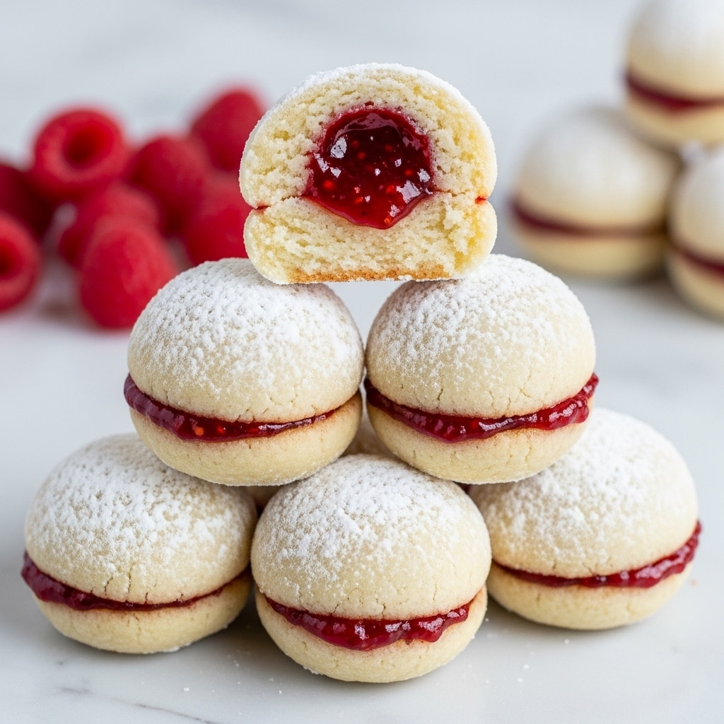 The image shows small round cookies with a white powdered sugar coating, stacked in a pyramid shape. The top cookie is cut in half to show the inside, which has a bright red jam filling surrounded by a soft, pale dough layer. The cookies have a slightly rough texture from the powdered sugar and soft dough edges. In the background, there are fresh red raspberries on a white marbled surface. The photo taken with an iphone --ar 4:5 --v 7