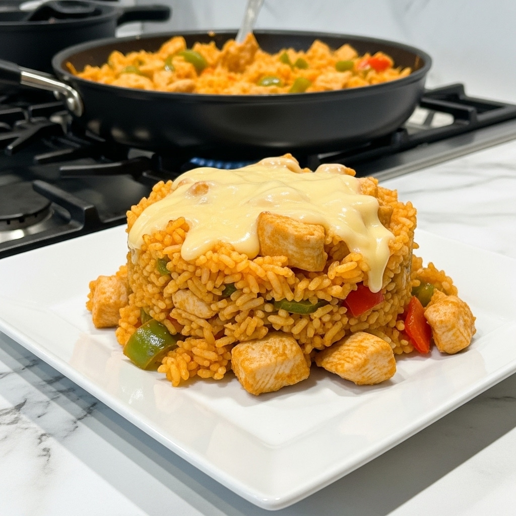 A white square plate holds a layer of cooked rice mixed with pieces of chicken and green and red bell peppers, all coated in a reddish-orange sauce. On top of this layer, there is a glossy, creamy white melted cheese sauce spread unevenly, creating a shiny texture over the rice and chicken mixture. The plate is held above a white marbled countertop, with a black pan filled with the same rice and chicken dish in the background sitting on a stove. The overall colors are warm with orange, green, red, and white tones, showing a hearty and comforting meal. photo taken with an iphone --ar 4:5 --v 7