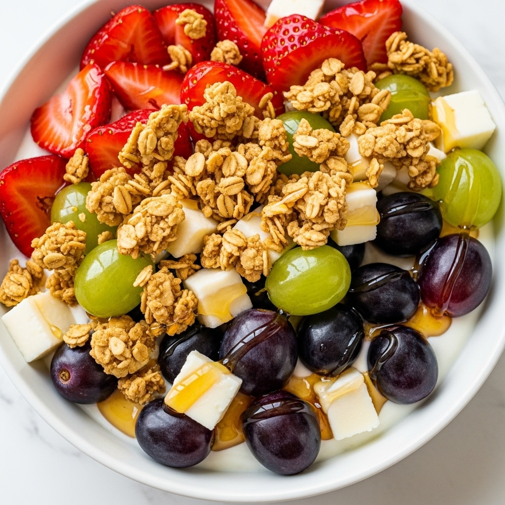 The image shows a close-up of a fresh fruit yogurt bowl filled with layers of colorful fruit and granola. The bottom layer appears to be creamy white yogurt. On top, there is a mix of red strawberries sliced in halves, green and dark purple grapes, and chunks of white cheese scattered throughout. Golden-brown granola is sprinkled generously over the fruits, adding texture and crunch. A drizzle of amber-colored honey flows over the fruits and granola, enhancing the glossy look. The bowl is white, placed on a white marbled surface. Photo taken with an iphone --ar 4:5 --v 7