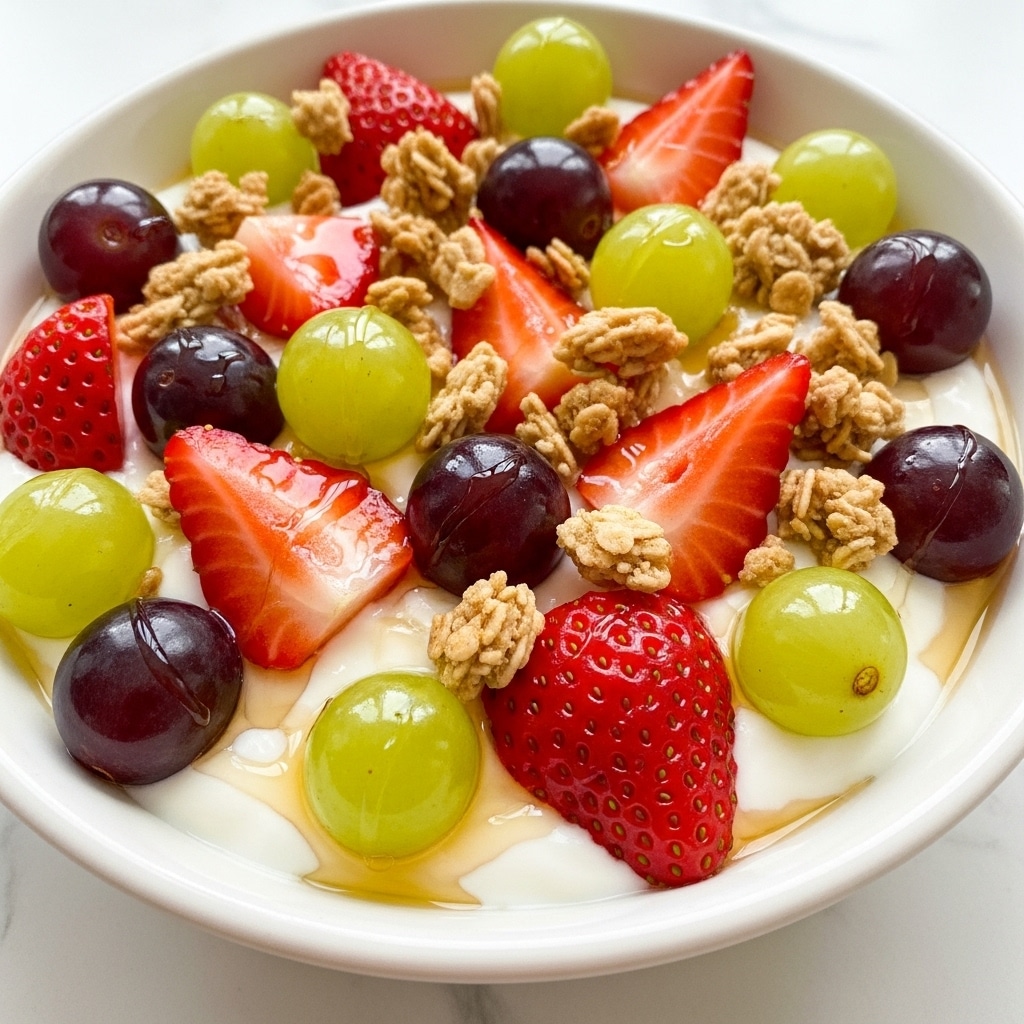 The image shows a close-up of a white bowl filled with a fresh fruit and yogurt dessert. At the bottom, there is a smooth, creamy layer of white yogurt. On top, there are whole grapes in green and dark red colors scattered evenly. Bright red strawberry slices with their seeds and juicy texture are placed among the grapes. Sprinkled throughout are small pieces of crunchy granola, adding a rough texture. A light drizzle of honey or syrup shines over the fruit, making it look glossy and sweet. The bowl sits on a white marbled surface. photo taken with an iphone --ar 4:5 --v 7