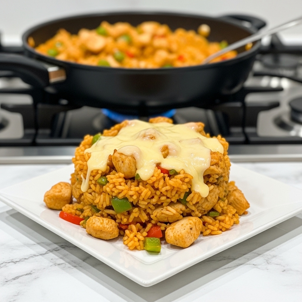 A close-up view of a white square plate holding a layered dish of orange-colored rice mixed with pieces of cooked chicken and green and red bell peppers. The rice layer is soft and moist, with visible grains coated in sauce, and chunks of chicken interspersed throughout. A shiny, melted light-yellow cheese sauce is generously drizzled over the top, adding a glossy texture that covers some parts of the rice and chicken. In the background, a black pan with more of the same rice and chicken mixture sits on a stainless steel stove, all placed on a white marbled countertop. photo taken with an iphone --ar 4:5 --v 7