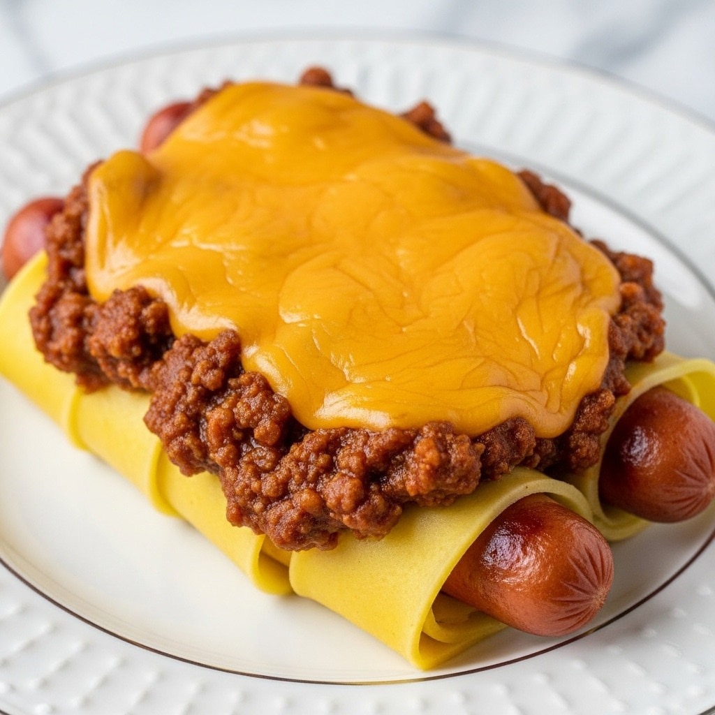 The dish shows a close-up of two hot dogs wrapped in lasagna noodles, each noodle covered with a thick layer of brown meat sauce that has chunks of cooked ground beef and bits of red tomato. On top, there is a rich, melted orange cheddar cheese layer that covers the meat sauce and noodles, slightly glossy and smooth with some bubbly texture. The hot dogs peek out from one end, showing the red-brown skin with a shiny, slightly wrinkled surface. The food rests on a white plate with a simple pattern, placed on a white marbled surface with a blurred background. photo taken with an iphone --ar 4:5 --v 7