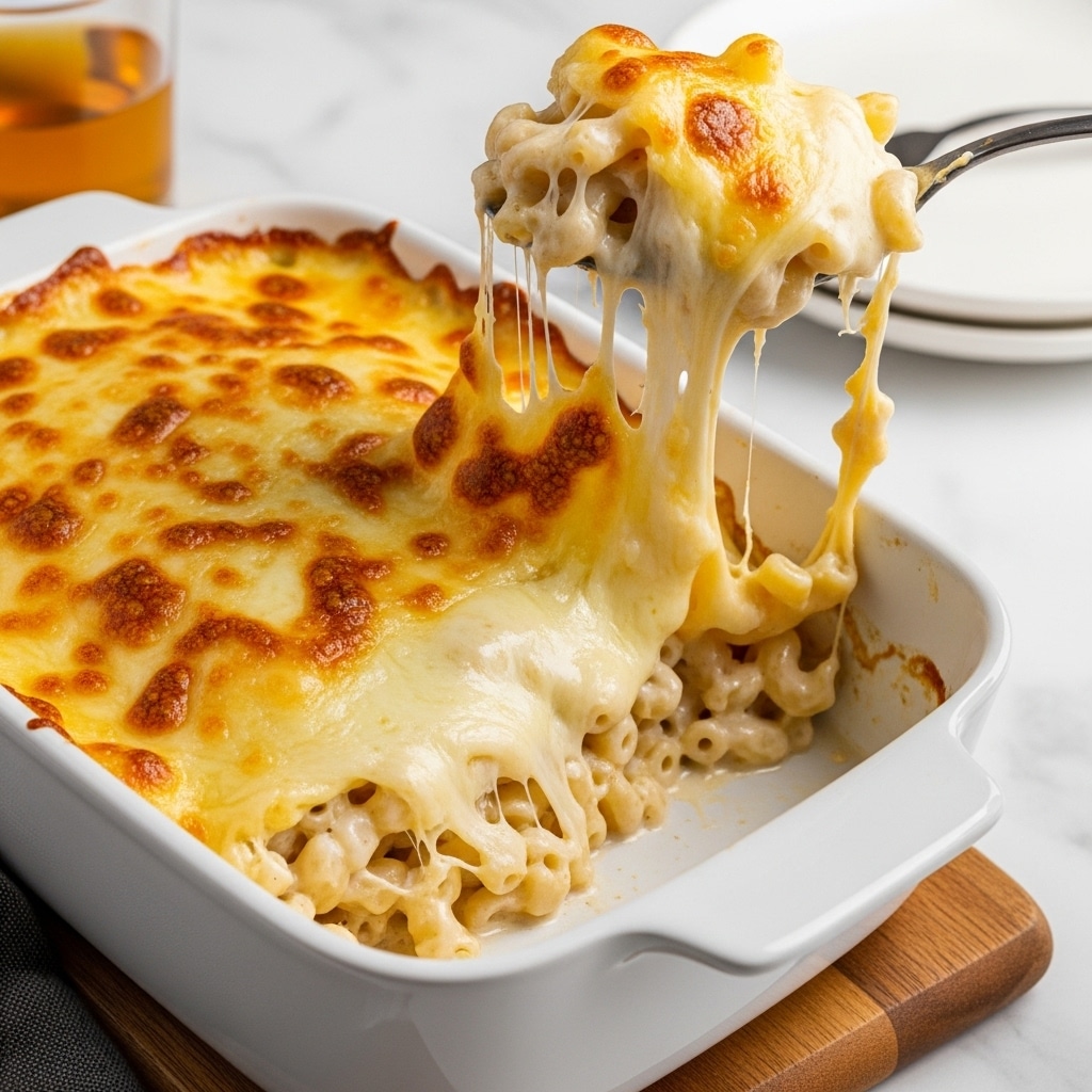 A close-up view of a baked macaroni and cheese dish in a white ceramic rectangular dish with a black rim, resting on a wooden base. The top layer is golden-brown melted cheese with small browned spots, giving a bubbly and crispy texture. A spoon lifts a portion from the dish, showing creamy, stretchy cheese strands and soft, pale yellow macaroni beneath the crust. The background, out of focus, has a glass of light-colored liquid and part of a white plate on a white marbled surface. photo taken with an iphone --ar 4:5 --v 7