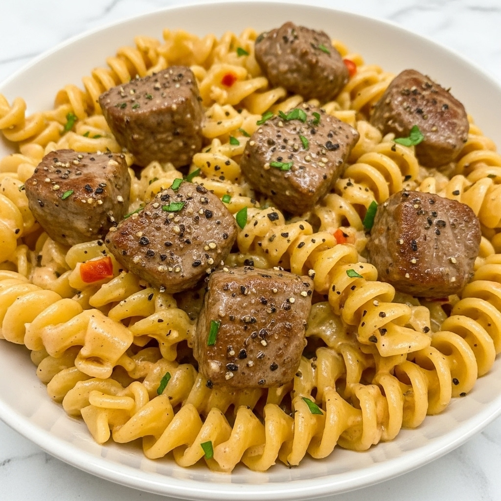 The image shows a close-up of a creamy pasta dish with three layers visible: the first layer consists of short spiral pasta in a light creamy sauce with a shiny texture, the second layer has small chunks of browned meat with a slightly crispy surface scattered evenly among the pasta, and the third layer features fresh small green herb pieces sprinkled on top, adding a pop of color. The dish is served in a white bowl on a white marbled surface, emphasizing the rich colors and texture of the food. photo taken with an iphone --ar 4:5 --v 7