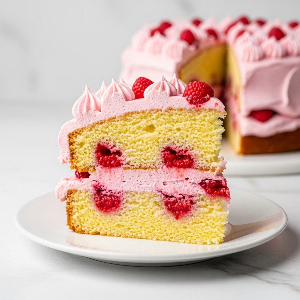 A piece of two-layer vanilla cake with visible small red strawberry bits inside both layers sits on a white plate. Between the layers is a thick pink cream filling with small strawberry pieces. The top layer is covered with white and pink fluffy frosting, with textured peaks of pink frosting along the edge. The cake looks soft and moist with a spongy texture. The background is a white marbled texture. photo taken with an iphone --ar 4:5 --v 7