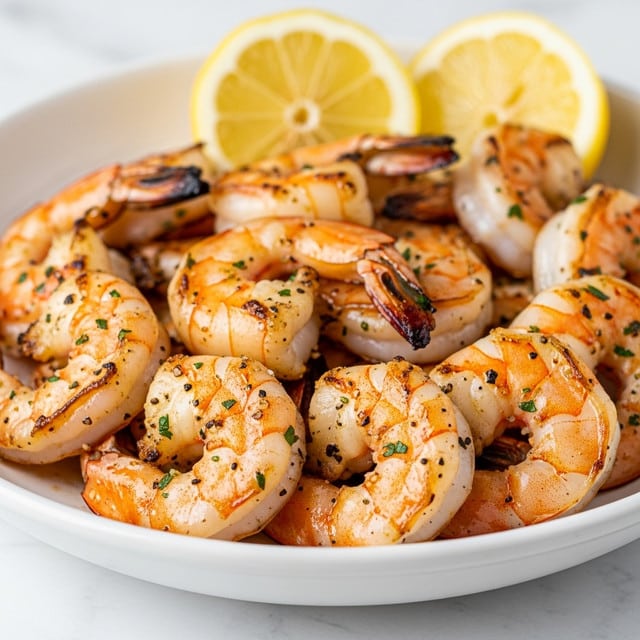 A close-up of a white shallow bowl filled with grilled shrimp, about two layers deep, each shrimp showing a browned, slightly charred surface with visible seasoning of black pepper and small green herb flakes. The shrimp are plump, glossy, and have a light orange and white color, with the edges more caramelized. At the back, two lemon wedges with a pale yellow color are slightly blurred, resting on the white surface of the bowl. The bowl is set on a white marbled texture, giving a clean and bright look. photo taken with an iphone --ar 4:5 --v 7