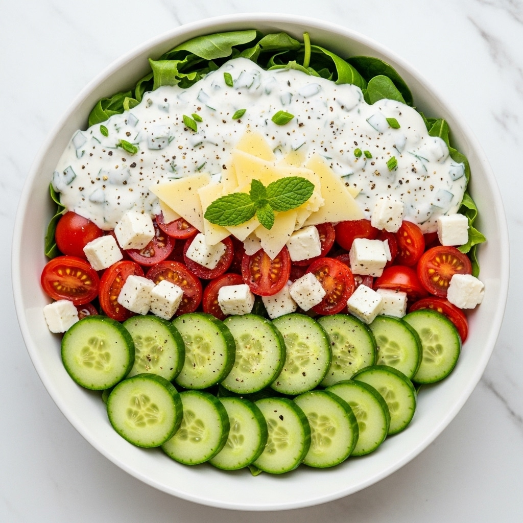 A fresh salad is served in a white bowl on a white marbled surface, showing many layers and colors. The base layer is made of thin cucumber slices, bright green with a moist texture. Above this are halved cherry tomatoes, red and shiny, mixed with small cubes of white cheese covered in a white, creamy dressing with green herbs. Thin shavings of light yellow cheese are scattered on top, and crushed black pepper and red spices add specks of color. A small sprig of fresh mint, dark green, sits on the very top as a garnish. photo taken with an iphone --ar 4:5 --v 7