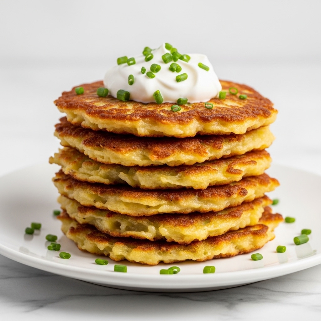 A stack of six crispy golden-brown potato pancakes is centered on a white plate, each pancake showing a crunchy, slightly uneven texture with lightly browned edges. On top of the stack sits a dollop of smooth, white sour cream sprinkled with finely chopped green chives. Some chives are also scattered around the base of the stack on the plate. The plate is resting on a white marbled surface. photo taken with an iphone --ar 4:5 --v 7
