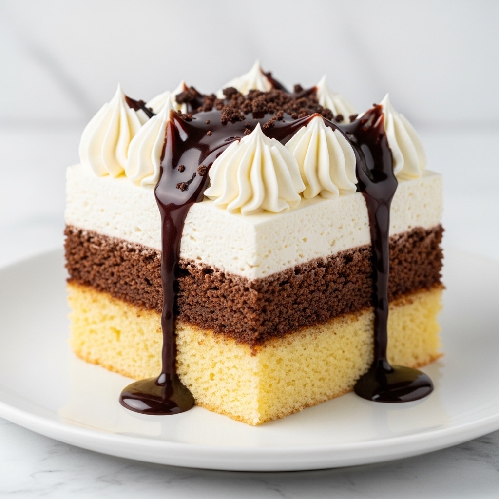 A square piece of layered cake on a white plate featuring three distinct layers: the bottom layer is a light, golden-yellow sponge cake with a soft texture, the middle layer is a moist, dark chocolate crumb layer, and the top layer is a thick, fluffy white whipped cream. The whipped cream is decorated with swirls and topped with small chocolate crumbs. Dark, glossy chocolate sauce drips down from the top over the sides of the cake, pooling slightly on the plate. The scene has a white marbled texture background. Photo taken with an iphone --ar 4:5 --v 7