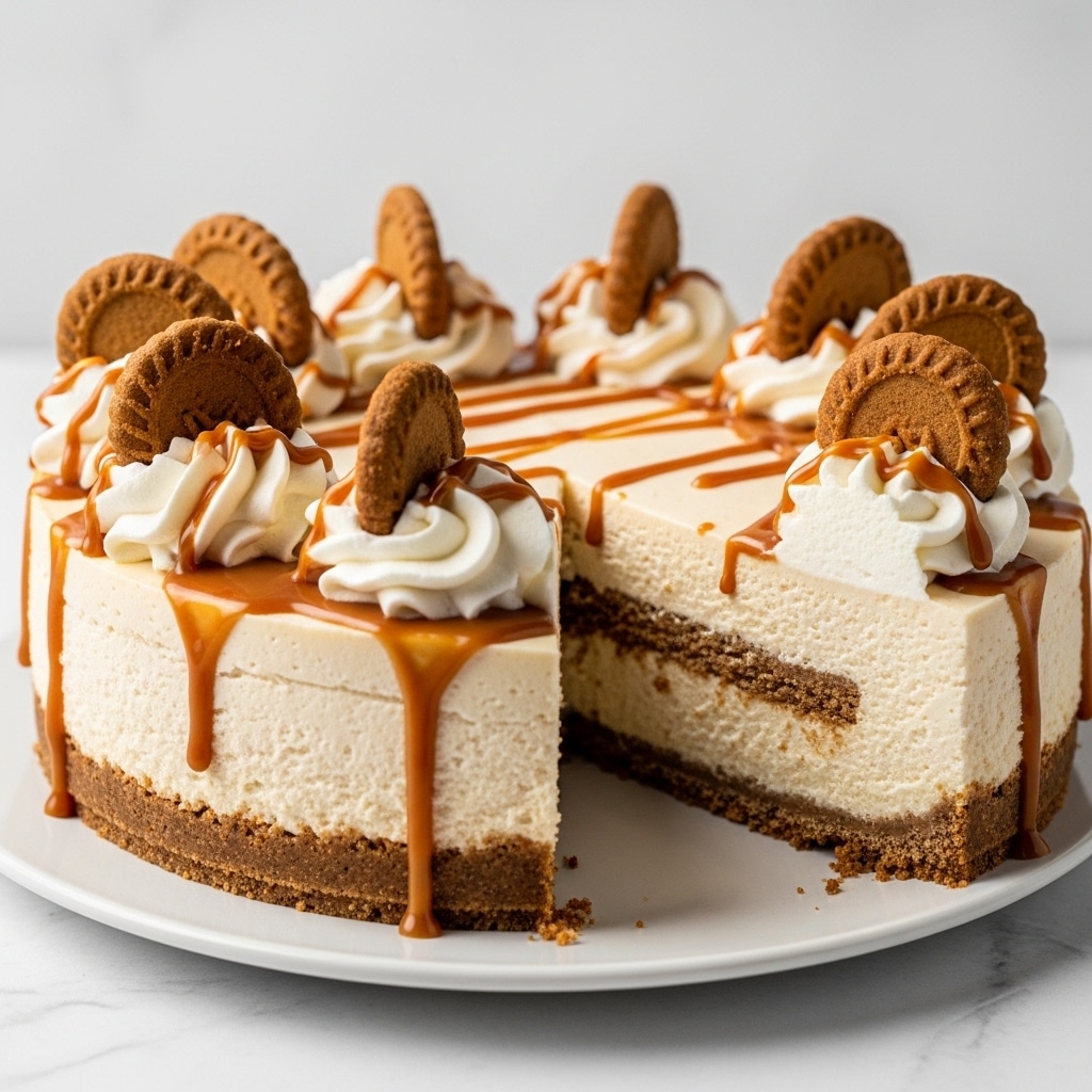 A creamy cheesecake with a thick crumbly brown crust at the bottom, topped with a smooth, light beige cream cheese layer. The top is decorated with dollops of white whipped cream around the edges, drizzled with a caramel-colored sauce that flows down slightly. Several large broken pieces of brown cookie are scattered on top near the whipped cream. The cake is placed on a white plate, set on a white marbled textured surface. One slice is cut out, showing the layers clearly. Photo taken with an iphone --ar 4:5 --v 7