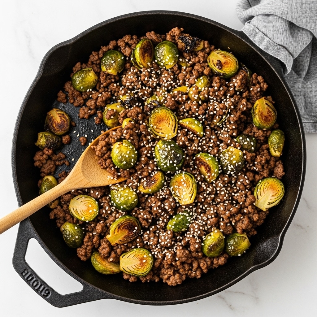 A black cast iron pan filled with cooked ground meat mixed with halved Brussels sprouts, both having a browned, slightly crispy texture with some green and golden yellow from the sprouts. The dish is sprinkled with white sesame seeds adding small white dots on top. A wooden spoon is partly submerged on the left side, lifting some of the mixture. The pan is placed on a white marbled surface and a grey cloth napkin is visible on the top right corner. photo taken with an iphone --ar 4:5 --v 7