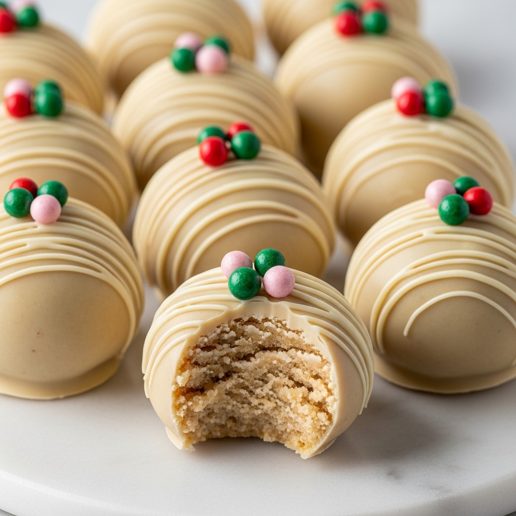 A group of creamy, round white truffles covered with smooth white chocolate is arranged closely together on a white marbled surface. Each truffle is decorated with thin white chocolate drizzles that create vertical lines down the sides, topped with small red and green round sprinkles scattered over the top. One truffle is cut in half and placed on top of another, showing a crumbly, pale beige inside texture that contrasts with the smooth outer coat. The shiny, festive look of the truffles gives a sense of soft sweetness and delicate richness. photo taken with an iphone --ar 4:5 --v 7