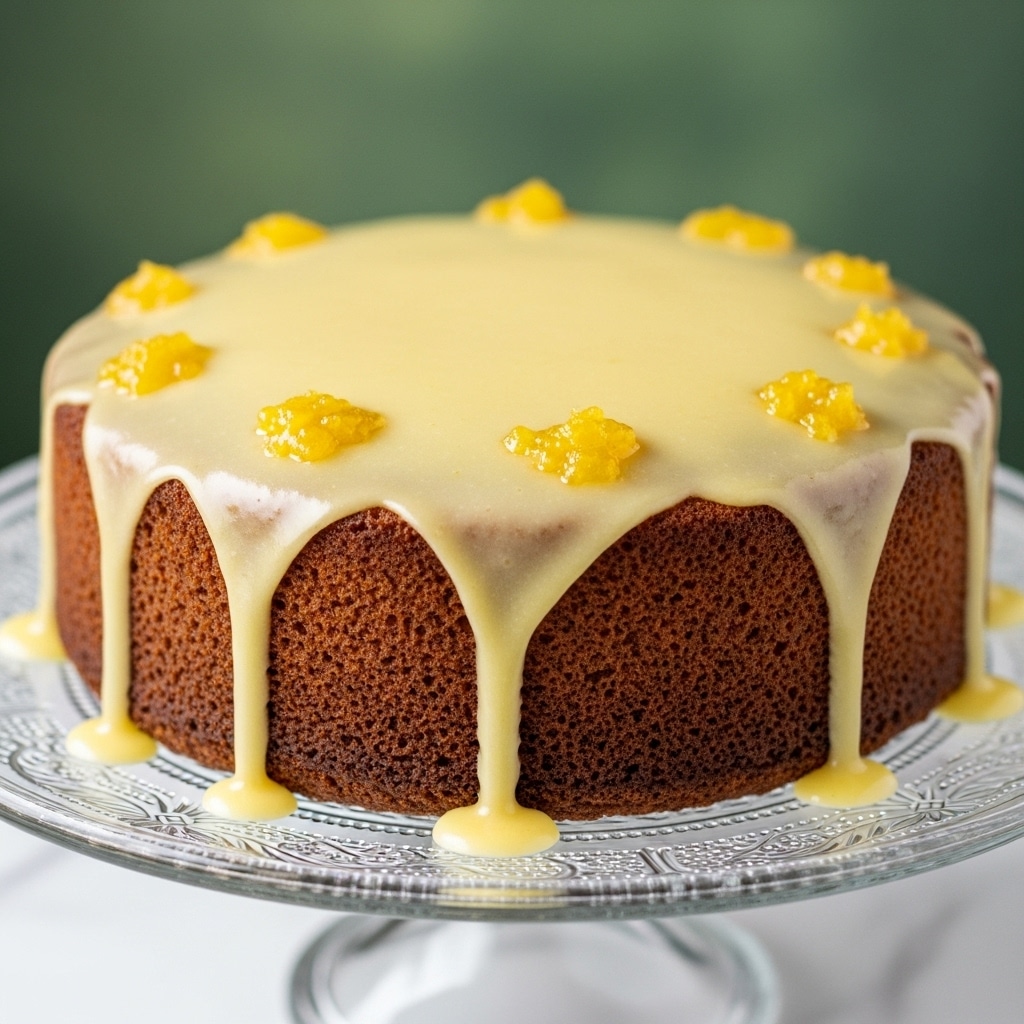 A single-layer round cake with a golden brown color and slightly crumbly texture sits on a clear glass cake stand with ornate patterns. The top of the cake is covered with a thick, glossy white glaze that drips slightly down the sides. Small pieces of yellow zest are scattered on the glaze, adding texture and a pop of color. The background is a white marbled texture. photo taken with an iphone --ar 4:5 --v 7