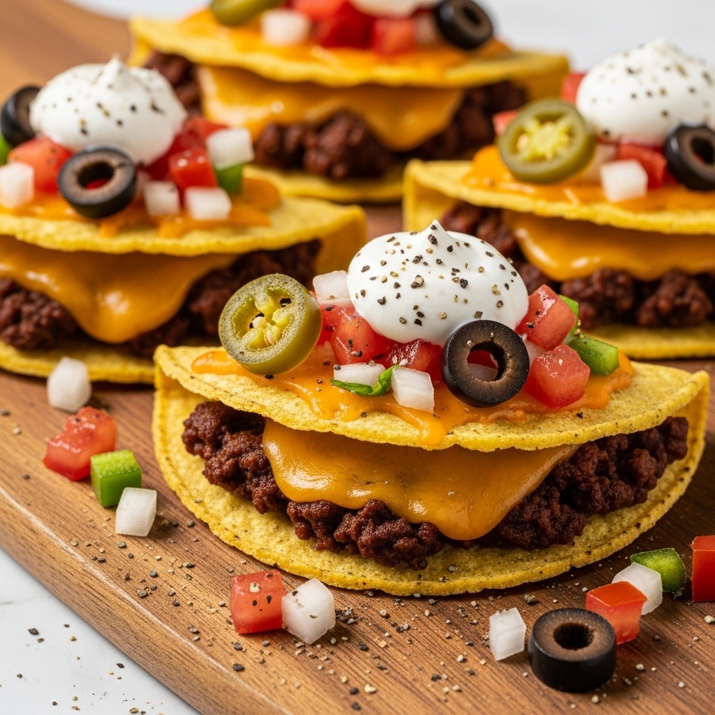 A close-up of four small taco pieces arranged on a wooden board. The bottom layer is a folded, golden-yellow corn tortilla, slightly crispy on the edges. Inside, you see a dark brown seasoned ground beef layer. On top of the beef is a thick, melted layer of orange-yellow cheese, smooth and slightly glossy. Each taco piece is topped with fresh pico de gallo, made of small, bright red tomato cubes, white onion chunks, green jalapeños, and black olive slices. There are white dollops of sour cream scattered on top, sprinkled with black pepper. Some pico de gallo and black pepper are spilled around the board on a white marbled surface. photo taken with an iphone --ar 4:5 --v 7