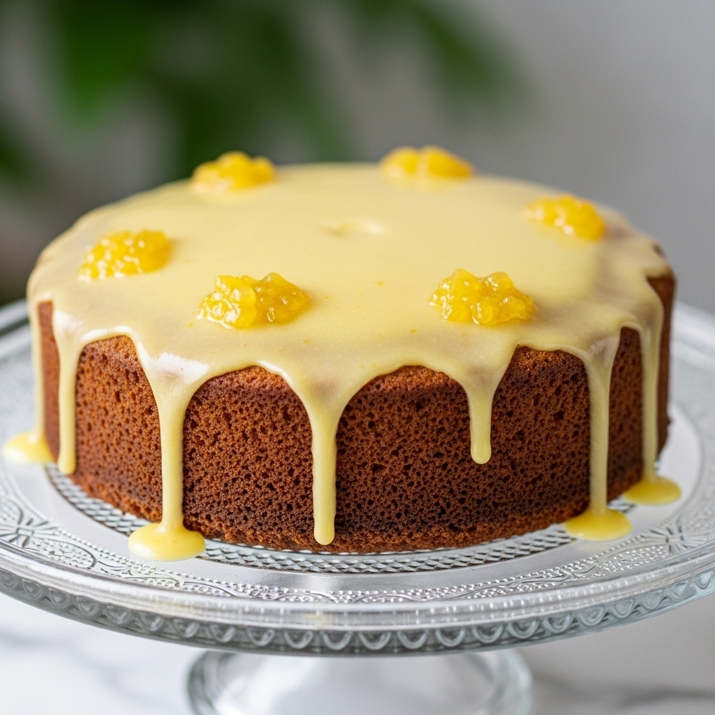 A single-layer round cake with a golden brown, slightly rough-textured base, topped with a thick, shiny, and smooth light yellow glaze that drips slowly down the sides, showing a few small clumps of zest or fruit embedded in the glaze. The cake sits on a clear, decorative glass cake stand with an elegant raised design. The background has a soft green blur, and the surface beneath the stand is a white marbled texture. photo taken with an iphone --ar 4:5 --v 7