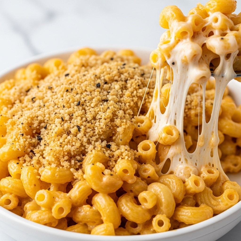 A close-up image of cheesy baked macaroni being lifted with a fork, showing soft, creamy pale yellow macaroni noodles coated in melted cheese that stretches in thin strands between the lifted portion and the rest on the white plate below. The macaroni is topped with a crunchy golden-brown breadcrumb crust with bits of toasted cheese and small black pepper specks scattered throughout. The background features a white marbled texture. photo taken with an iphone --ar 4:5 --v 7