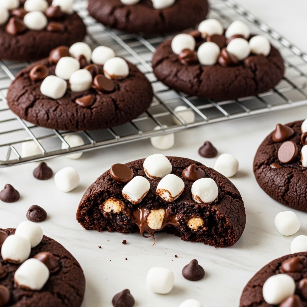 Several thick, round dark brown chocolate cookies sit on a metal cooling rack and a white marbled surface, each topped with small white mini marshmallows and shiny chocolate chips that add texture and contrast. One cookie is broken, showing a soft, gooey inside layered with melted chocolate and marshmallow bits. The cookies have a slightly cracked surface, showing their rich, moist texture. Scattered mini marshmallows and chocolate chips surround the cookies on the surface. The lighting highlights the glossy chocolate pieces and the dark, rich color of the cookie dough. Photo taken with an iphone --ar 4:5 --v 7