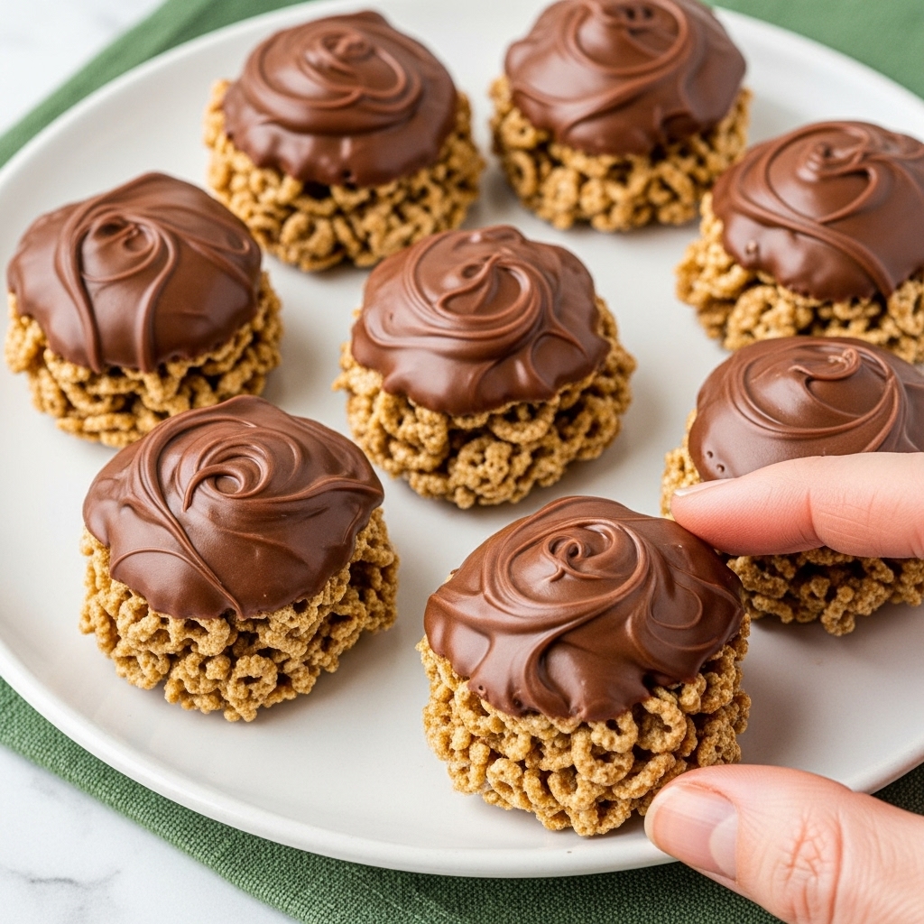 The image shows several small clusters of cereal treats arranged closely on a white plate with a smooth edge. Each cluster has two visible layers: the bottom layer is made of light brown, crispy, and slightly glossy cereal pieces tightly packed together, giving a rough texture. The top layer is a thick, smooth coating of milk chocolate that covers the upper part of each cluster with a shiny, slightly swirled surface. The plate sits on a white marbled texture with a green cloth partially visible beneath it. In the lower right corner, a woman's hand is lightly touching one of the clusters. Photo taken with an iphone --ar 4:5 --v 7