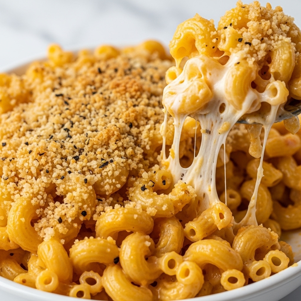 A close-up of a creamy baked macaroni and cheese showing a layer of golden-brown crispy breadcrumb topping on the top, sprinkled with small black specks of seasoning; beneath, the soft, pale yellow macaroni covered in melted cheese stretches with gooey white cheese strings being lifted. The macaroni is tightly packed with a smooth and creamy cheese sauce coating each piece, with some parts browned to a soft orange color from baking. The dish is served in a white bowl against a white marbled background. Photo taken with an iphone --ar 4:5 --v 7