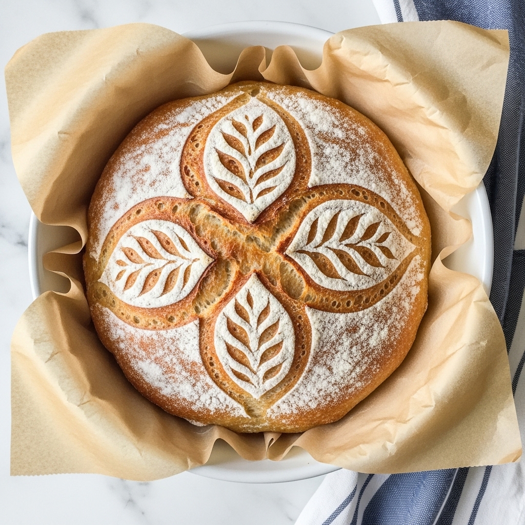 A round loaf of bread with a light golden-brown crust sits in a white pot lined with crumpled parchment paper, visible edges folding around the bread. The bread top has a decorative pattern of leaf-shaped cuts, showing slightly darker baked areas that highlight the design. The crust looks soft with a light dusting of flour, and the pot rests on a white marbled surface partially covered by a blue and white checkered cloth. Photo taken with an iphone --ar 4:5 --v 7