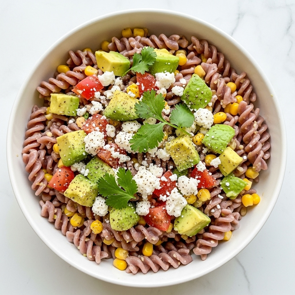 A white bowl filled with twisted purple pasta spirals mixed with yellow corn kernels forming the base layer. On top are scattered chunks of bright green avocado and small pieces of red tomato. The dish is sprinkled with white crumbled cheese and fresh green cilantro leaves. The entire mixture looks creamy and slightly glistening, with a light dusting of black pepper. The bowl is set on a white marbled surface. Photo taken with an iphone --ar 4:5 --v 7