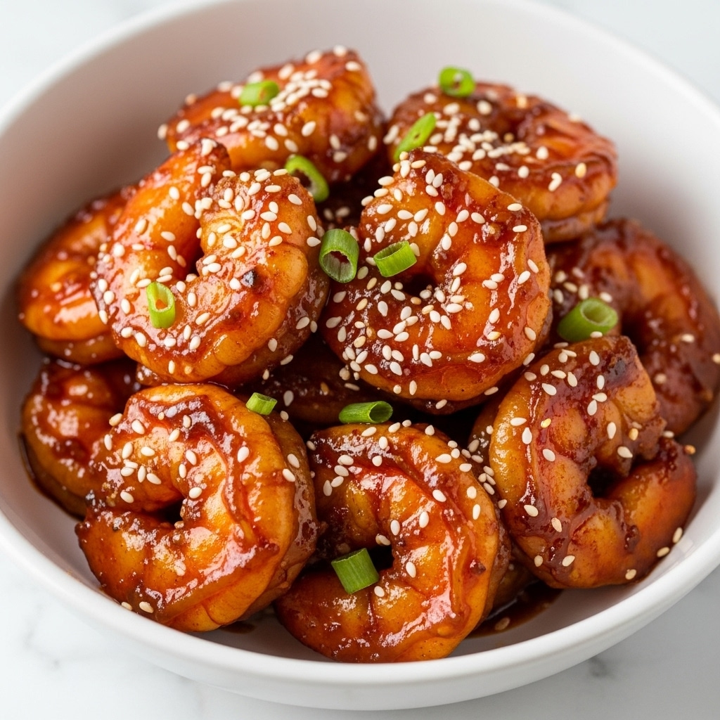 A close-up view of a white bowl filled with about two layers of cooked shrimp coated in a shiny, sticky, reddish-brown sauce. The shrimp have a slightly charred texture in places and are garnished with small pieces of chopped green onions and white sesame seeds scattered evenly across the top. The bowl rests on a white marbled surface. photo taken with an iphone --ar 4:5 --v 7