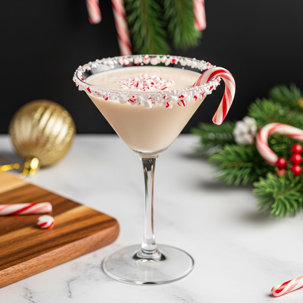 A clear martini glass filled with a creamy, light beige drink. The glass rim is decorated with crushed white and red peppermint pieces, forming a textured ring. A small red and white striped candy cane is hooked on the right side of the rim. The glass stands on a flat surface with white marbled texture and is placed at the edge of a wooden board. In the background, there are blurred holiday decorations including a gold ornament and a green pine branch with candy canes hanging from it. Photo taken with an iphone --ar 4:5 --v 7
