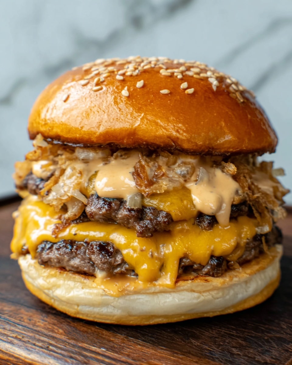 A close-up of a juicy cheeseburger on a white sesame seed bun, showing three visible layers: the bottom bun is soft and pale, topped with two thick, grilled beef patties with melted yellow cheddar cheese dripping over the edges. Above the patties is a layer of creamy light brown sauce mixed with small bits of onion, and crunchy fried onions peeking through. The top bun is golden brown with shiny sesame seeds, slightly squished by the contents inside. The burger rests on a dark wooden surface against a white marbled background. photo taken with an iphone --ar 4:5 --v 7