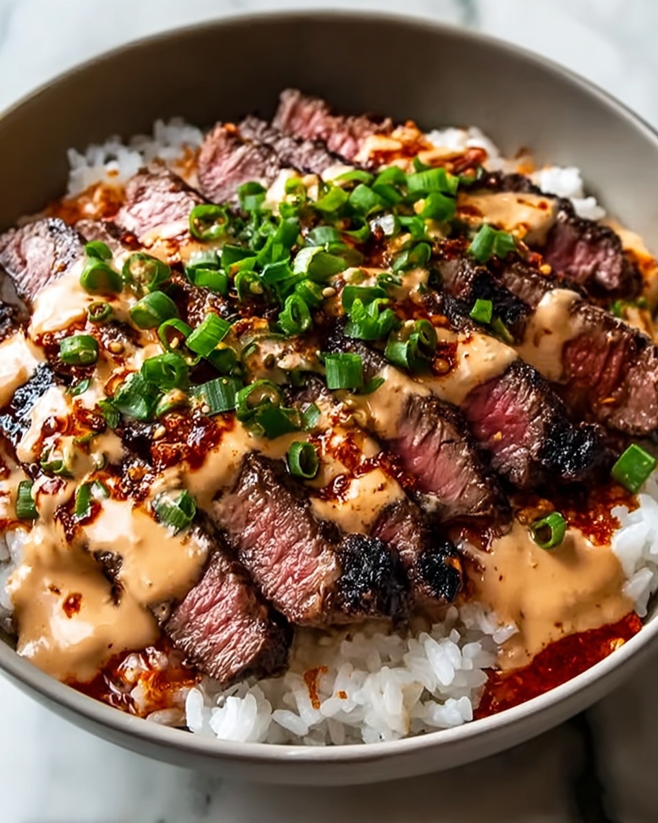 The dish shows a bowl filled with white rice as the bottom layer, topped with slices of grilled steak that are medium rare, showing shades of deep pink and charred brown edges. On top of the steak, there is a creamy tan sauce drizzled over, with a darker reddish-brown spicy oil spread unevenly across the surface. Bright green chopped scallions are sprinkled over the sauce, adding a fresh pop of color. The bowl itself is white, placed on a white marbled surface. photo taken with an iphone --ar 4:5 --v 7