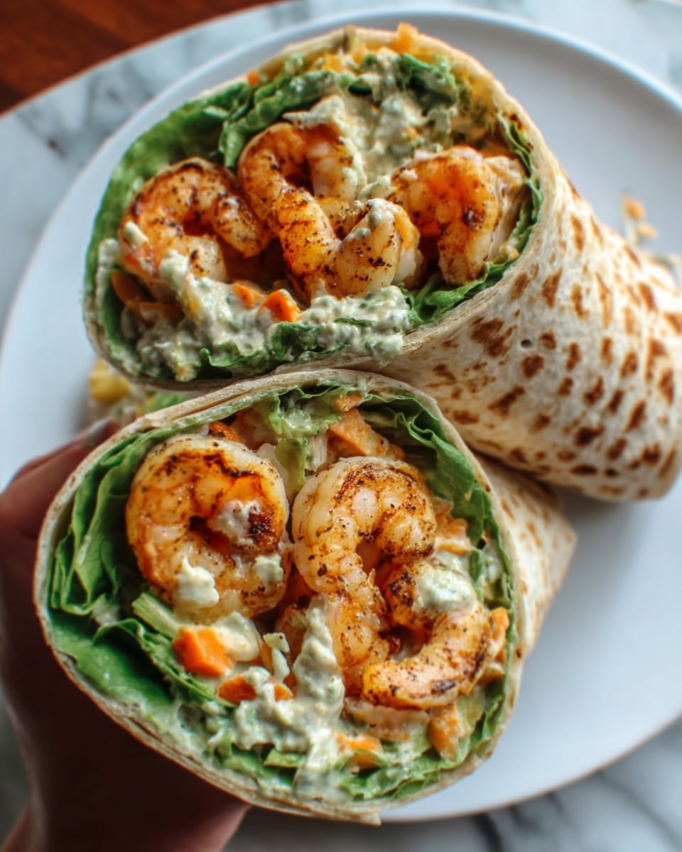 The image shows a close-up of two large tortilla wraps cut in half and stacked on a white plate. Each wrap has three visible layers: the outer layer is the light brown patterned tortilla, the middle layer is green lettuce leaves that add a fresh, leafy texture, and the innermost layer contains cooked shrimp with a pink-orange color mixed with chunks of orange bell pepper and a creamy white sauce. The shrimp look lightly grilled with some char marks, and the filling is slightly spilling out with a woman's hand holding one wrap from the side. The background features a white marbled surface. Photo taken with an iphone --ar 4:5 --v 7