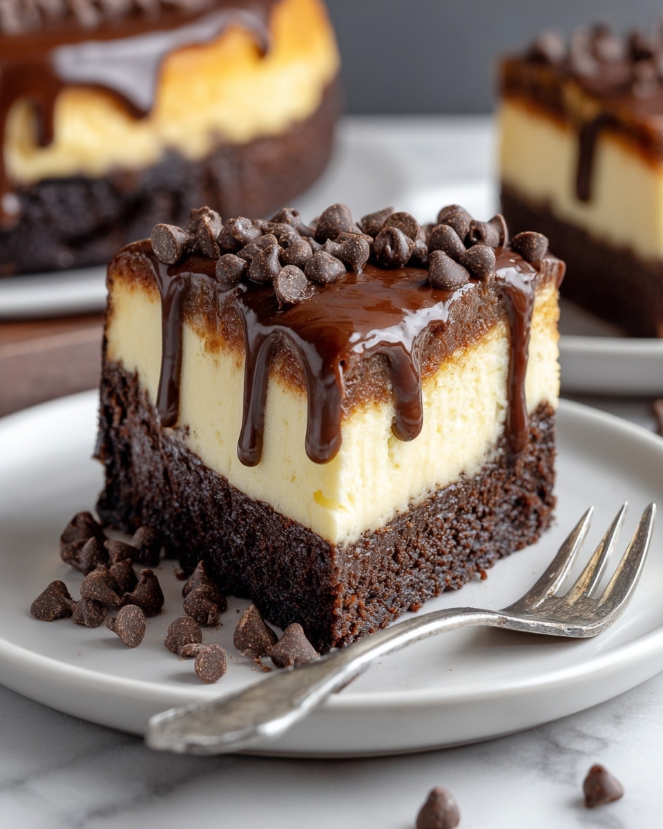 A slice of rich dessert with three clear layers sits on a white plate with a fork beside it; the bottom layer is dense and dark brown with a rough texture like a brownie, the middle layer is thick, creamy, and light yellow, resembling cheesecake, and the top layer is glossy, dark chocolate sauce dripping down the sides, scattered with small chocolate chips that continue onto the plate. The background shows the rest of the cake with similar layers, all set on a white marbled surface. photo taken with an iphone --ar 4:5 --v 7