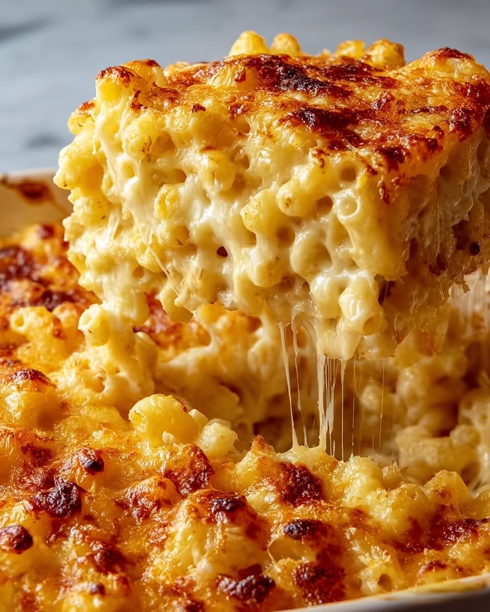 A close-up of a thick layer of baked macaroni and cheese being lifted, showing one main layer of small elbow macaroni covered in creamy, melted white cheese with golden brown crispy spots on top, with strands of stretchy cheese hanging as the slice is lifted from a white dish on a white marbled surface. photo taken with an iphone --ar 4:5 --v 7