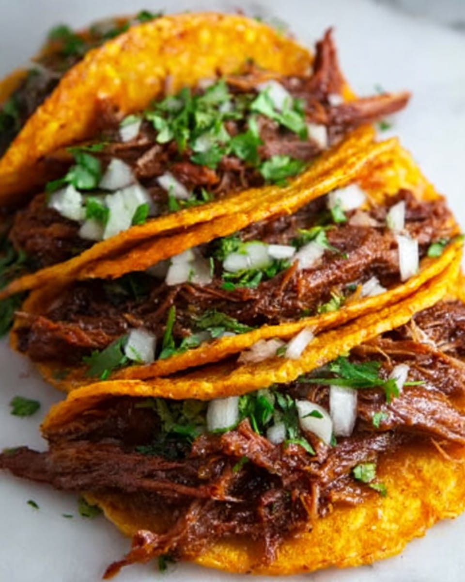 The image shows three small tacos arranged closely on a white marbled surface, each taco shell a golden orange color with a slightly crispy texture. The tacos are filled with dark brown shredded meat that looks tender and moist, topped with small diced white onions and scattered fresh green cilantro leaves. The meat is piled generously inside each taco, with the onions and cilantro adding bright spots of white and green over the rich meat. Photo taken with an iphone --ar 4:5 --v 7