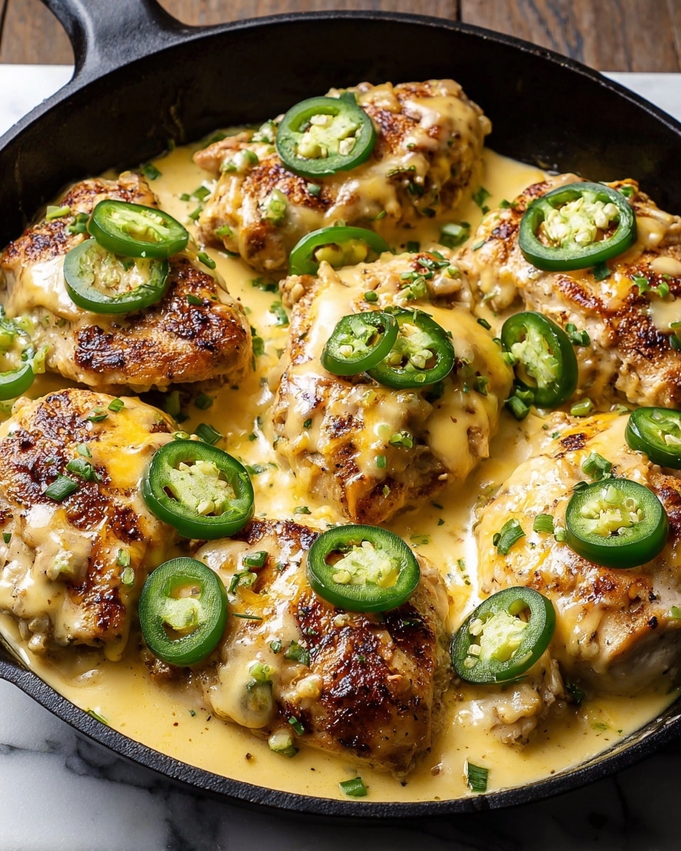 The image shows a black cast iron skillet filled with eight pieces of cooked chicken breasts, each covered with melted yellow cheese. The chicken pieces have a lightly browned and grilled texture, and are topped with fresh green jalapeño slices spread evenly across the dish. Small bits of green herbs are sprinkled on top, adding a touch of color contrast. The cheese sauce looks smooth and creamy, coating the chicken evenly. The skillet is placed on a white marbled surface. photo taken with an iphone --ar 4:5 --v 7