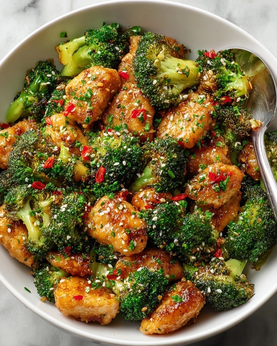 A white bowl filled with bright green broccoli florets mixed with golden-brown, crispy chicken pieces, both coated in a light glossy sauce. Small bits of red chili and white sesame seeds are scattered evenly on top, adding pops of color. Finely chopped green herbs are sprinkled over everything, giving a fresh look. A metal spoon rests on the side of the bowl. The bowl sits on a white marbled surface. photo taken with an iphone --ar 4:5 --v 7