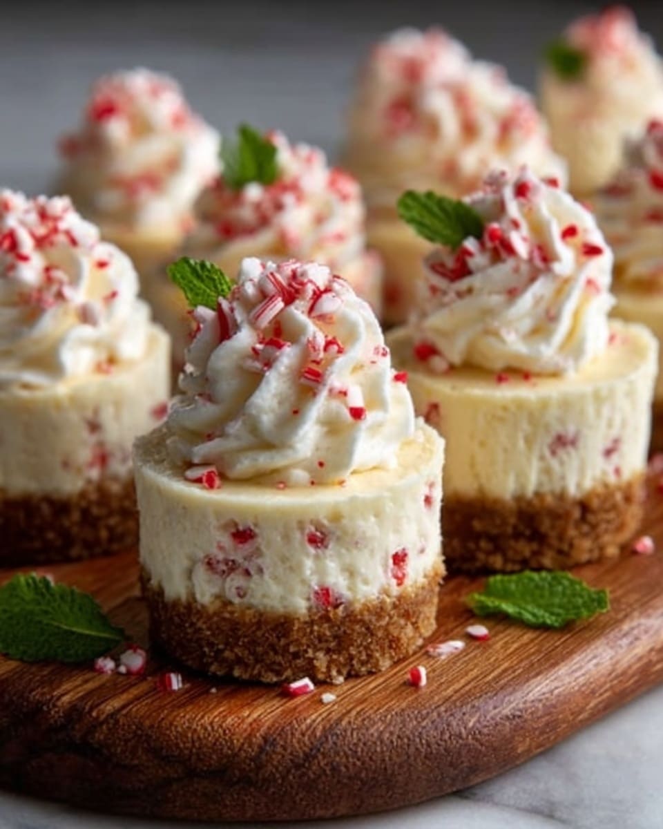 A group of small cheesecakes sit on a wooden board with a white marbled background, each having three layers. The bottom crust layer is a rough, crumbly brown color. The middle layer is creamy white with small red bits inside, smooth and thick. On top, there is a swirl of white whipped cream, lightly textured with soft peaks, sprinkled with crushed red and white candy pieces. Small green mint leaves are placed around the cheesecakes for decoration. The photo taken with an iphone --ar 4:5 --v 7