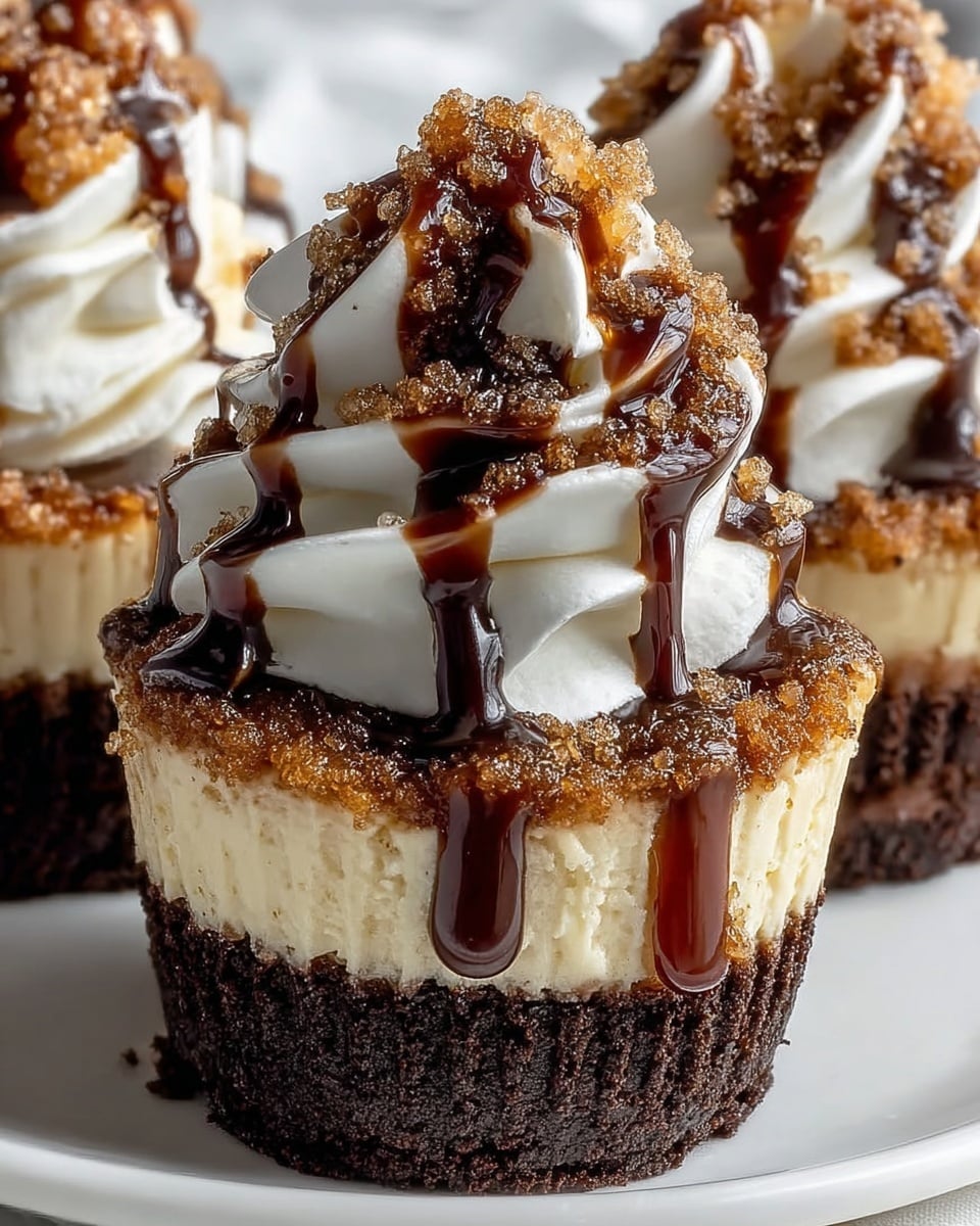 A close-up of rich dessert cups with three layers: a dark, crumbly chocolate base forms the bottom, topped by a smooth, creamy light beige cheesecake layer, and finished with a generous swirl of white whipped cream on top. Drizzled thick dark chocolate sauce cascades down from the whipped cream over the cheesecake, and a sprinkling of coarse brown sugar crystals covers the whipped cream and the chocolate sauce. The desserts sit on a white plate against a white marbled background. photo taken with an iphone --ar 4:5 --v 7