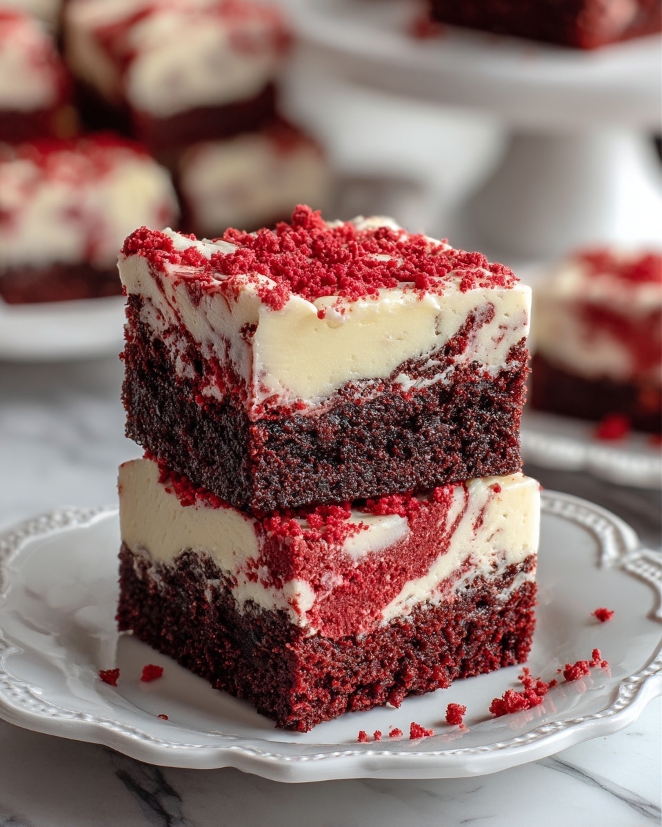 The image shows two square pieces of layered red velvet cake stacked on a white scalloped plate resting on a white marbled surface. Each piece has three layers: the bottom dark red layer is dense and moist with a rich texture, the middle layer is a thick layer of smooth, creamy white frosting with visible swirls of deep red cake mixed in, and the top layer is a thin sprinkling of fine, bright red cake crumbs covering the frosting. Some crumbs are scattered on the plate around the cake. The background is softly blurred, showing more cake pieces and a white cake stand. Photo taken with an iphone --ar 4:5 --v 7