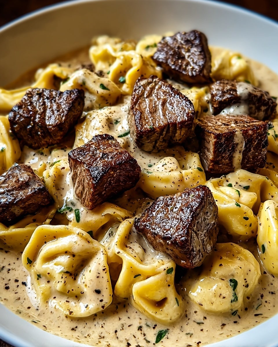 A close-up view of a white plate filled with creamy sauce at the bottom, topped with golden yellow tortellini pasta scattered evenly, and several pieces of browned, grilled meat chunks placed on top of the pasta. The sauce is light beige in color with a smooth, glossy texture, speckled with black pepper and small green herb bits. The grilled meat pieces have a juicy, dark seared surface with varying shapes, blending well with the creamy sauce that also coats some pasta edges. photo taken with an iphone --ar 4:5 --v 7