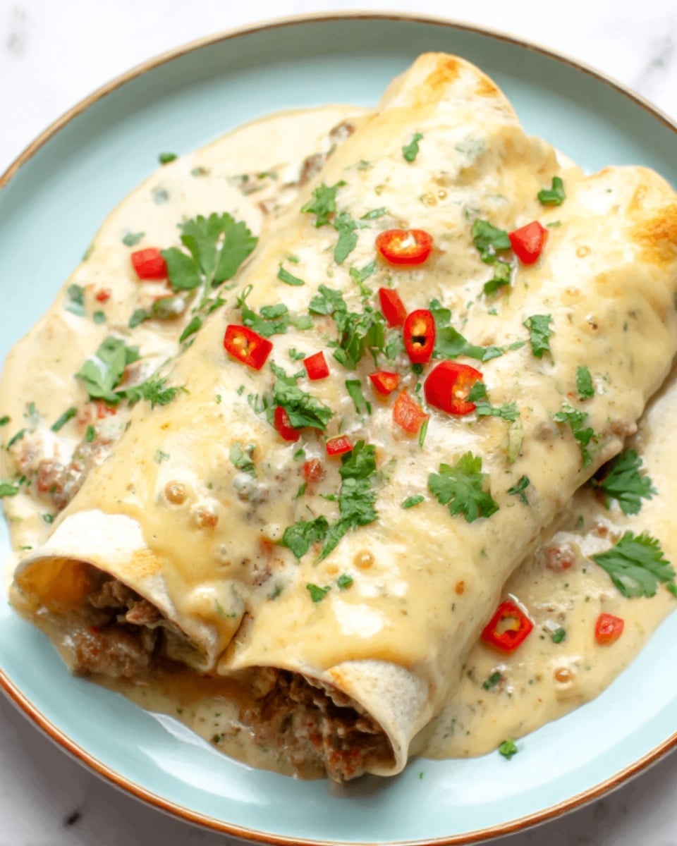 The image shows two rolled enchiladas placed side by side on a white plate with a light blue rim. The enchiladas are covered with a creamy, light yellow cheese sauce that is smooth and slightly melted, with small bubbles visible. Inside, the filling appears to be ground meat mixed with finely chopped onions and spices, peeking out from the ends. The dish is topped with chopped fresh green cilantro leaves and small pieces of bright red chili peppers scattered on the cheese sauce. The plate sits on a white marbled surface. Photo taken with an iphone --ar 4:5 --v 7