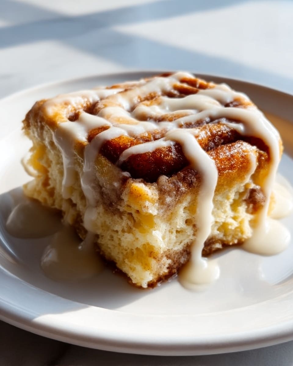 A close-up of a cinnamon roll piece on a white plate, showing soft, fluffy layers of light golden dough swirled with dark cinnamon filling in the middle. The top is a deep golden brown with a slightly crispy edge, and thick white icing is drizzled unevenly over the top, pooling around the base. The plate sits on a white marbled surface, with natural light casting soft shadows. Photo taken with an iphone --ar 4:5 --v 7