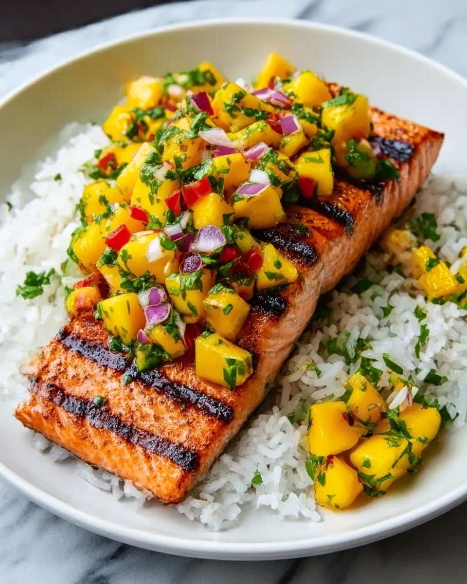 A white plate with a bed of white rice on one side, topped with a grilled salmon fillet that has clear dark grill marks and a shiny, slightly oily surface. On top of the salmon, and spilling slightly onto the rice, is a bright mango salsa made up of small cubes of yellow mango, finely chopped red onion, green herbs, and tiny pieces of red and green peppers, giving it a fresh and colorful look. The plate is set on a white marbled surface. Photo taken with an iphone --ar 4:5 --v 7