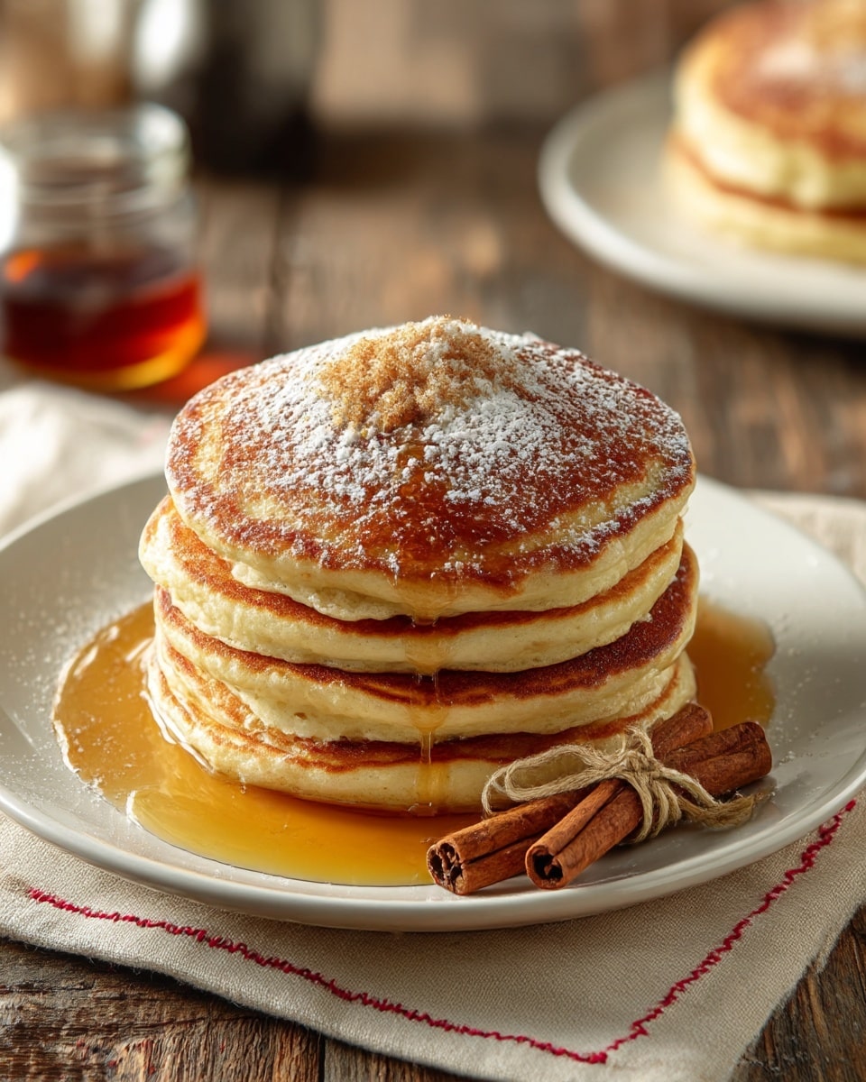 A stack of four thick, golden-brown pancakes is centered on a white plate, each layer showing a soft, fluffy texture with slight browning on the edges. The top pancake is dusted with white powdered sugar and a small mound of light brown cinnamon sugar, with amber syrup slowly dripping down the sides and pooling around the base. Next to the pancakes, three cinnamon sticks are tied with a string, adding a rustic touch. The plate rests on a beige cloth with red stitching on top of a wooden surface, with blurred background elements including a small jar of syrup and another white plate of pancakes. photo taken with an iphone --ar 4:5 --v 7